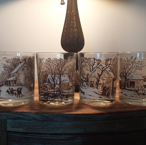 4 VTG 1978 CURRIER & IVES "WINTER" BAR TUMBLERS - Picture 1 of 2